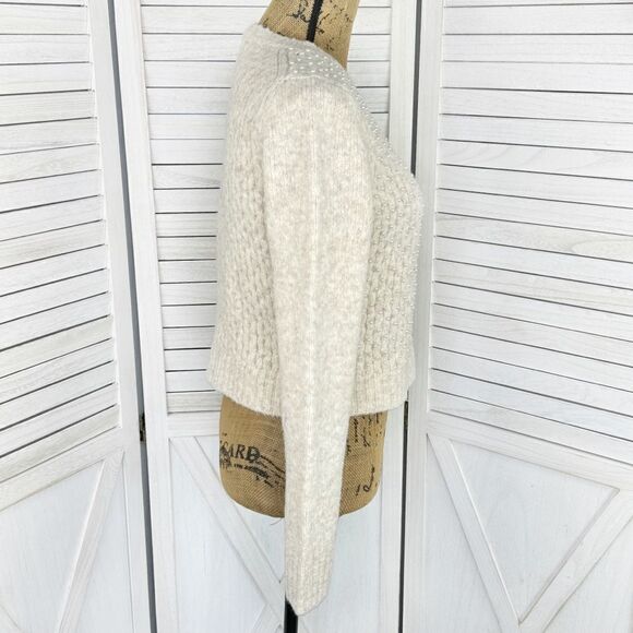 Zara Pearl Embellished Wool Blend Pullover Crop Sweater Beige Large - Picture 4 of 14